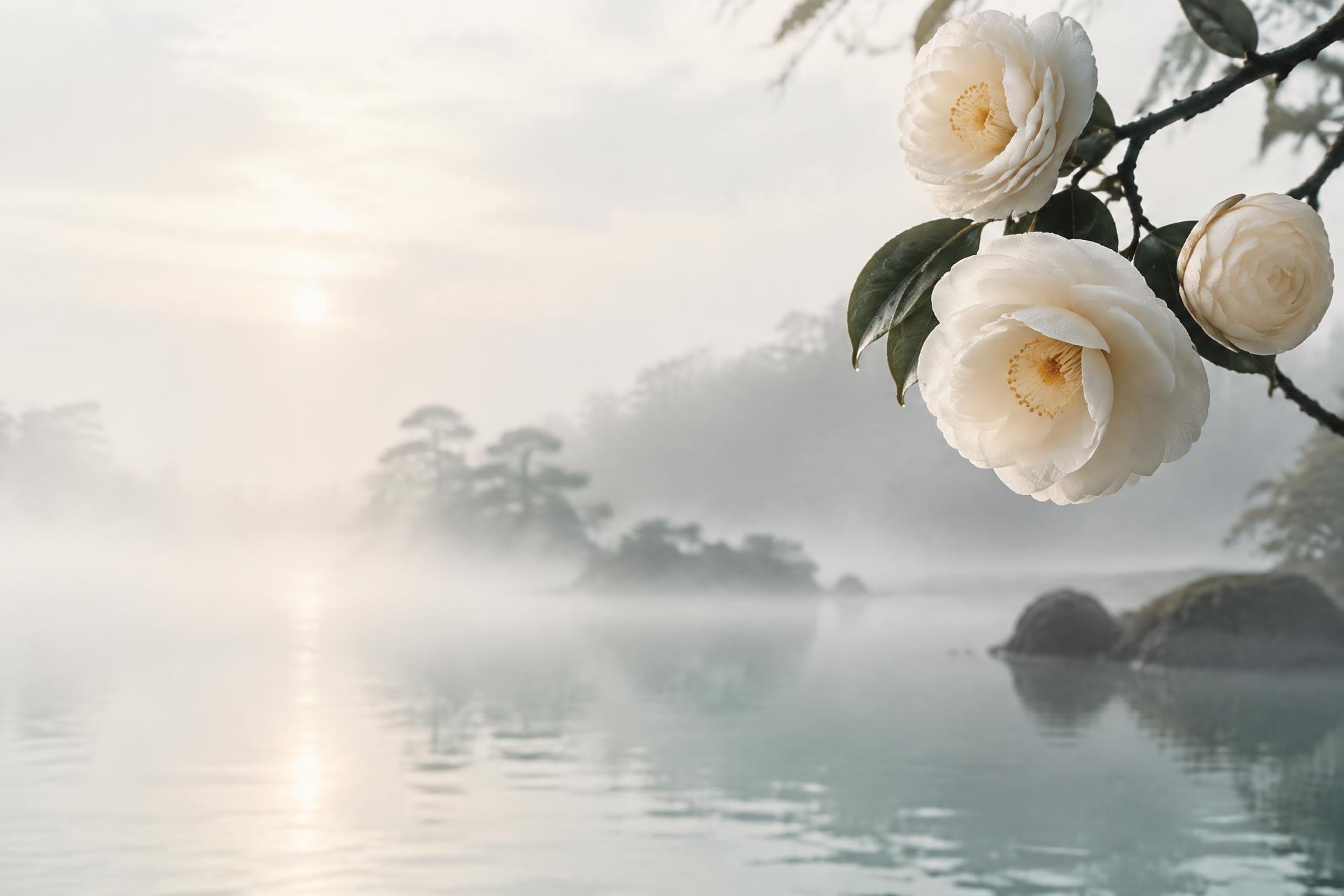 Pale camellia blossoms on a slender dark branch above sea-glass water and a garden veiled in dawn mist